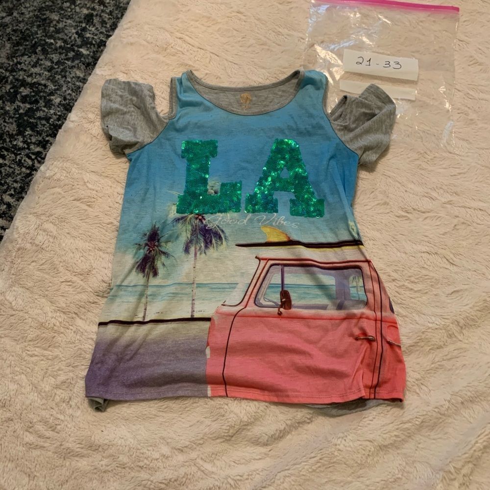 Star Girl Girls XL‎ Blue Sequin LA Cold Shoulder Tropical Surf Van Graphic Tee